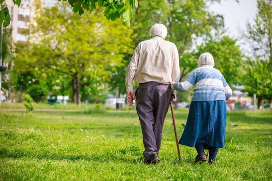 Pareja adulta mayor caminando de la mano en un parque